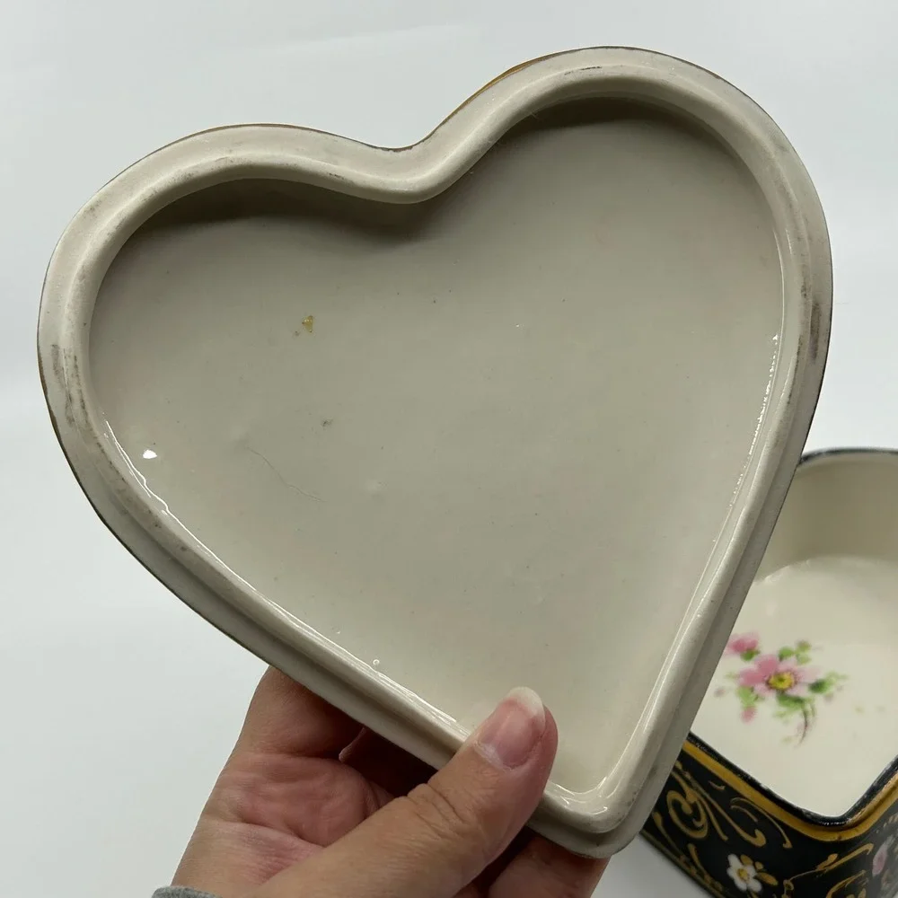 Vintage Handpainted Osborne Heart Box Trinket Box Gift Box Black Gold Floral